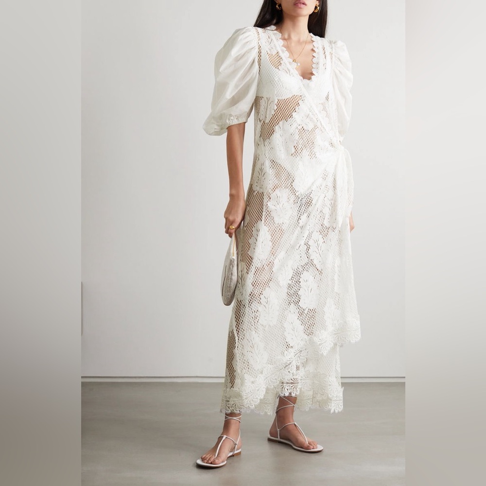 Waimari Sienna Guipure Elegant White Lace and cotton wrap midi Dress